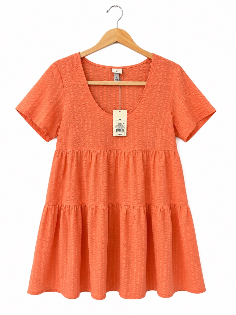 A New Day Babydoll Mini Dress Coral Peach Tiered Cotton Boho Cottagecore NWT XS